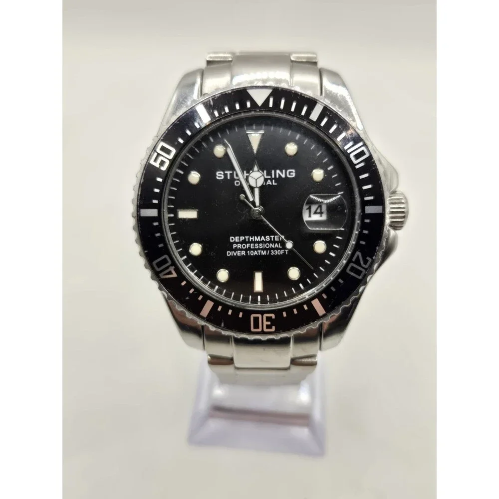 Stuhrling Original Depthmaster Quartz 43mm 100m Black Dial Date Watch. 7